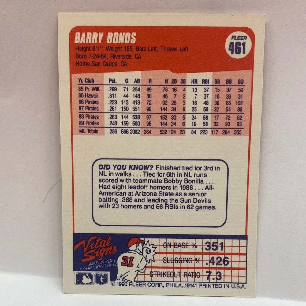 1990 Fleer Barry Bonds Pirates #461 (068)